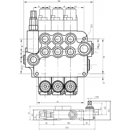 ROZDZIELACZ HYDR. 3 SEKCJE 80L ZATRZASK + PRZYŁĄCZA